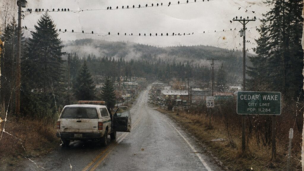 Reconstruction of the road entering Cedar Wake with ravens gathered along utility lines and a vehicle stopped outside town.