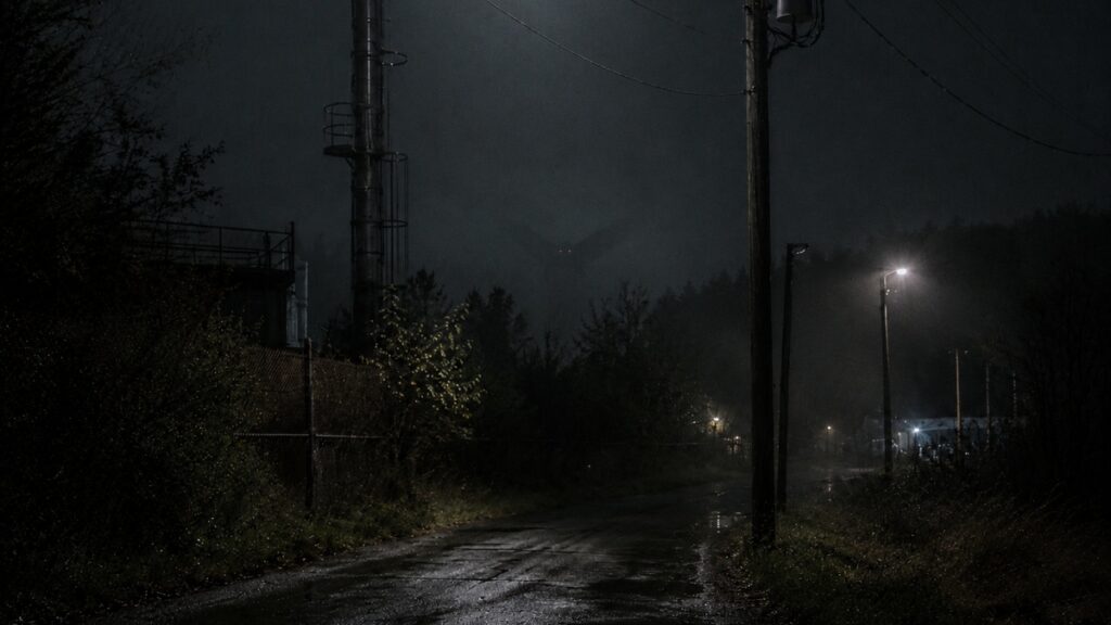 Ravenwood reconstruction of a dark roadside near Point Pleasant associated with reported Mothman sightings.