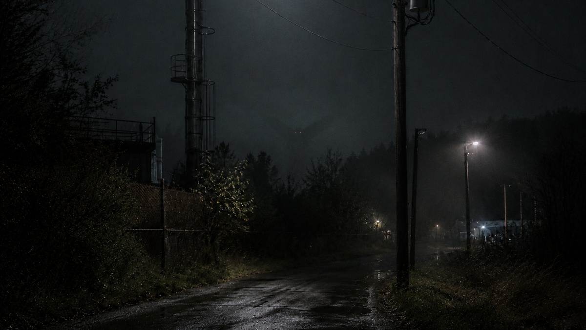 Ravenwood reconstruction of a dark roadside near Point Pleasant associated with reported Mothman sightings.