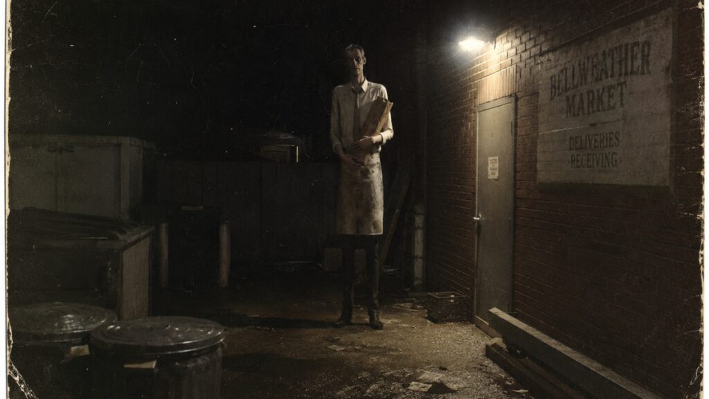 Fictional evidence image of a tall man holding an oversized paper bag outside Bellweather Market at night.