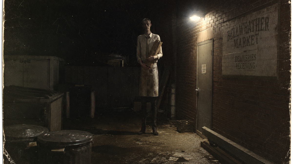 Fictional evidence image of a tall man holding an oversized paper bag outside Bellweather Market at night.