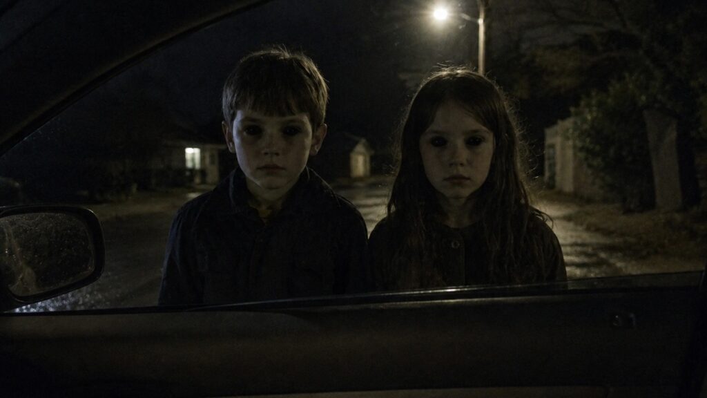 Ravenwood reconstruction of two pale children with completely black eyes standing outside a car at night.