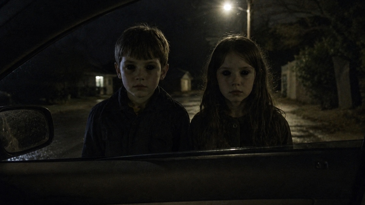Ravenwood reconstruction of two pale children with completely black eyes standing outside a car at night.
