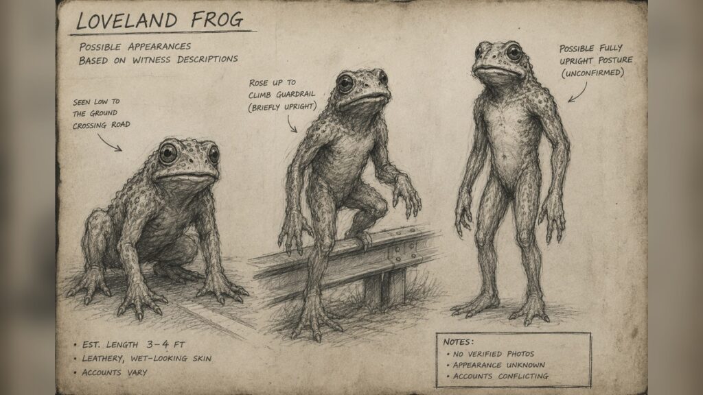 Ravenwood reconstruction sketch of the humanoid frog-like figure described in the Loveland Frog legend.