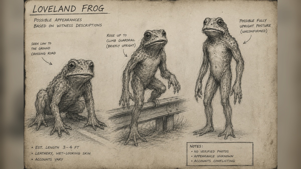 Ravenwood reconstruction sketch of the humanoid frog-like figure described in the Loveland Frog legend.
