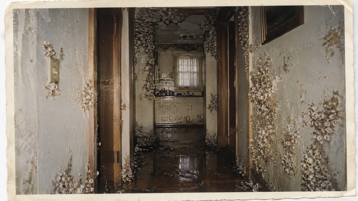 Fictional evidence image of barnacle-like growth spreading through the hallway of a home far from the ocean.